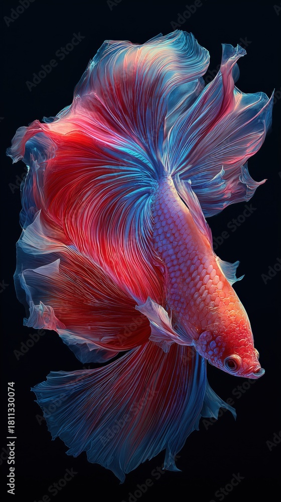 Fototapeta premium Vibrant Colorful Betta Fish with Flowing Fins in Deep Blue Background