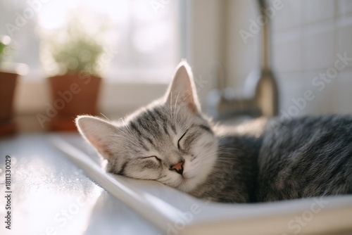 Cozy cat napping peacefully in sink, sunlight illuminating soft