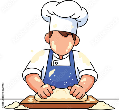 Cartoon Chef Kneading Dough Wearing White Hat and Blue Apron with Flour Splatter