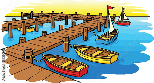 Wooden Pier With Colorful Boats Bobbing On Water Under A Yellow Sky At Sunrise