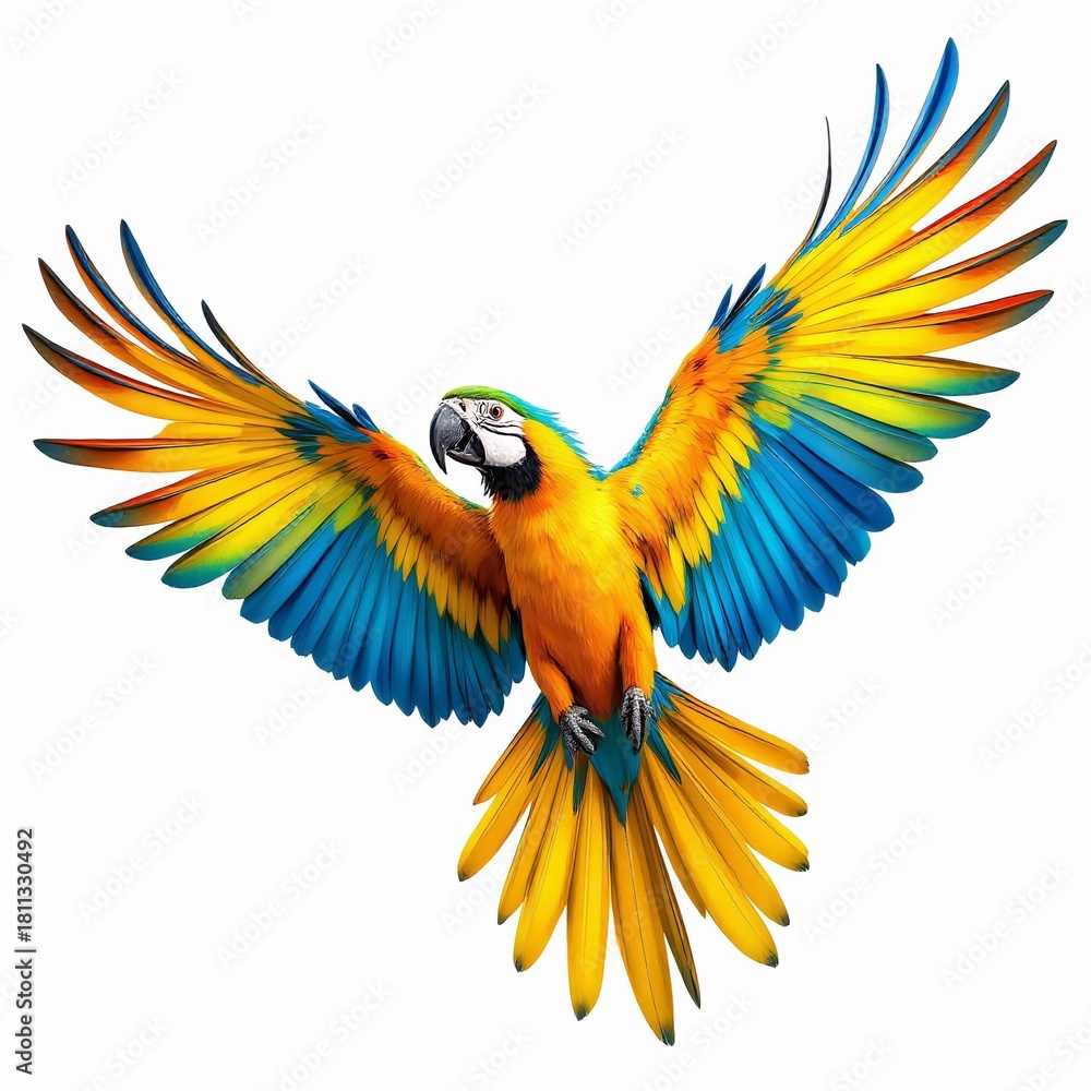 Fototapeta premium A vibrant macaw spreads its wings in midflight, showcasing its brilliant blue, yellow, and orange feathers isolated on white background