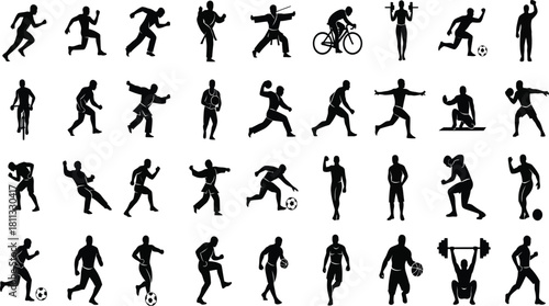 Diverse sports silhouettes running cycling football weightlifting and more