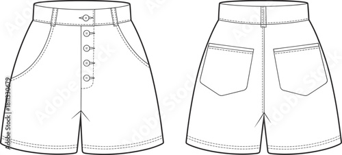 Women’s button front shorts CAD mockup flat vector illustration, technical fashion flat sketch, high waist summer shorts design template