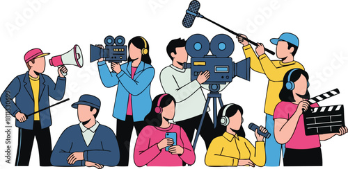 Diverse Film Crew Working Together on a Movie Set with Cameras Microphones and Megaphone