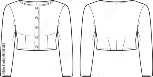 Women’s cropped button front long sleeve top technical flat sketch front and back view fashion design outline, garment template
