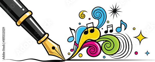 Fountain Pen Creating Colorful Swirls Musical Notes and Sparkles on White Background