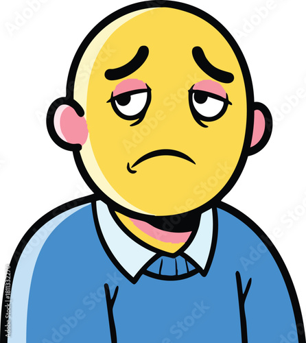 Sad Yellow Face with Droopy Eyes Wearing a Blue Sweater and White Collar Shirt Isolated on White Background