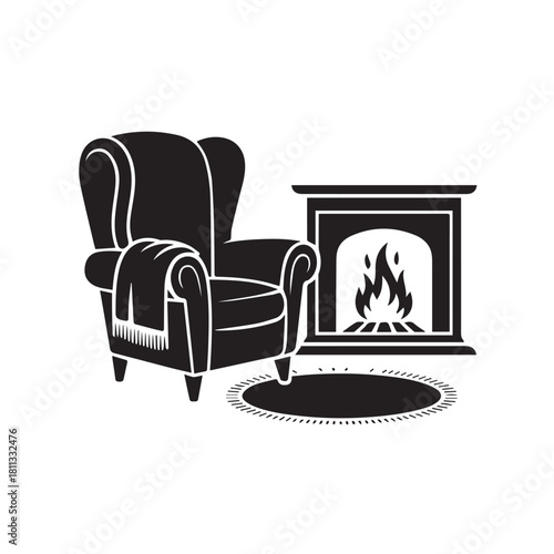 Cozy armchair and fireplace with rug
