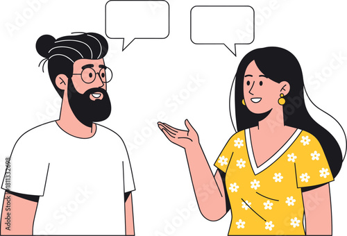 Minimalist Vector Art of a Bearded Man and Woman Chatting, Featuring Blank Speech Bubbles Above for Customizable Dialogue or Information Exchange.