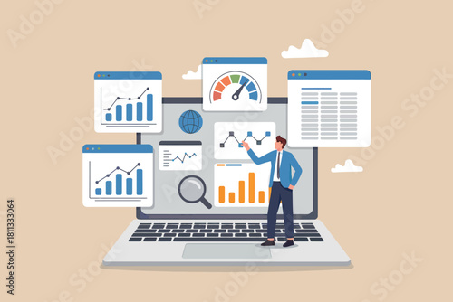 Business analytics and performance dashboard on laptop display