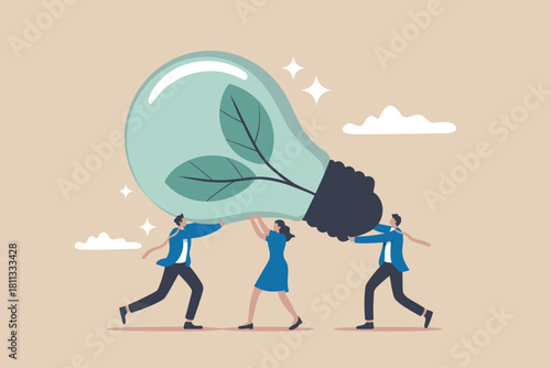 Team carrying eco-friendly lightbulb for green energy innovation