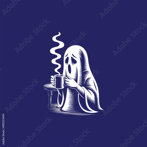 Sad ghost holding a steaming mug of coffee