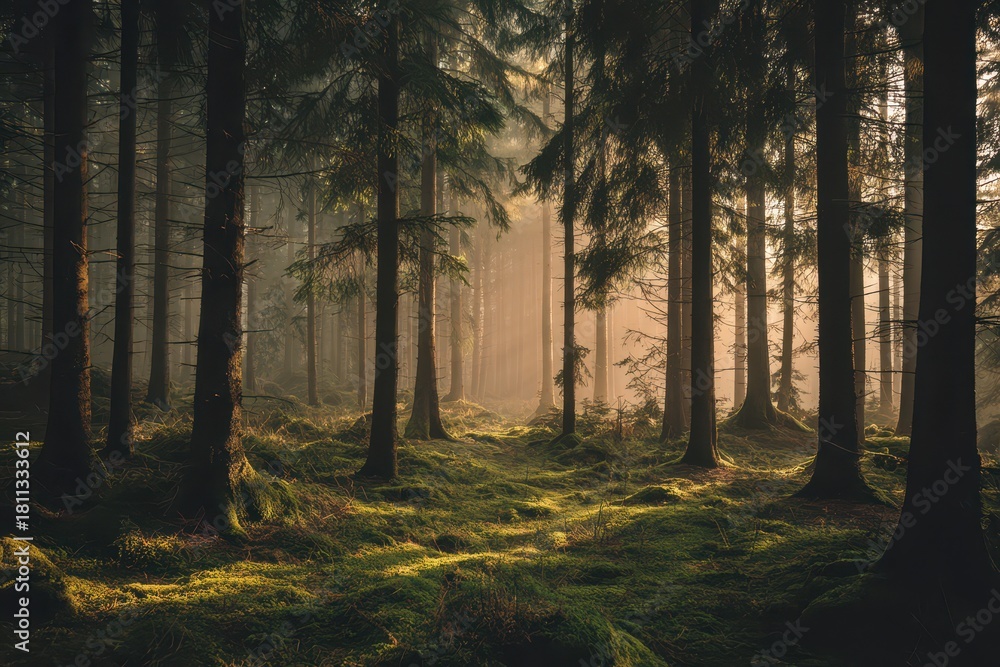 Obraz premium Quiet evergreen forest scene with grainy texture and nostalgic palette
