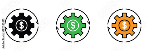 Unlock financial growth with these dynamic icons featuring gears and dollar signs, perfect for illustrating business strategies, investment, and money management