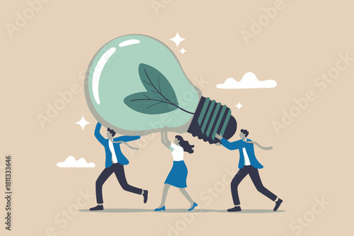 Team carrying a large lightbulb with leaves, sustainable future