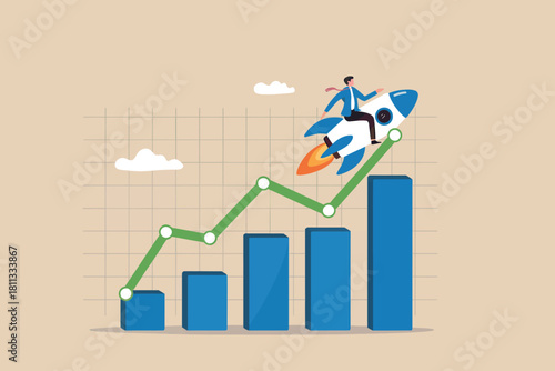 Business startup growth and success with rocket on rising chart