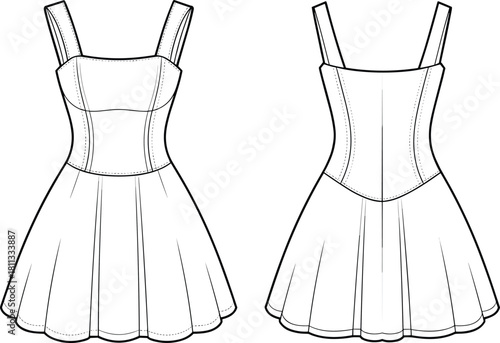 Women’s sleeveless dress technical flat sketch front and back view, flared skirt design with fitted bodice and straps, stylish fashion apparel template