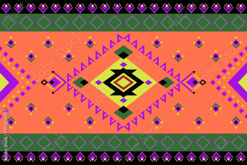Seamless abstract geometric pattern with orange,black ,green and purple color ,Native American tribal fabric, tile, carpet, vector, illustration design	
