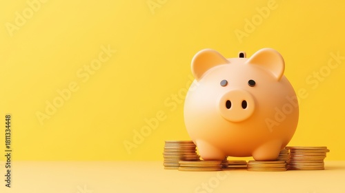 A pink piggy bank rests on a stack of gold coins against a vibrant yellow background, representing savings and financial growth.