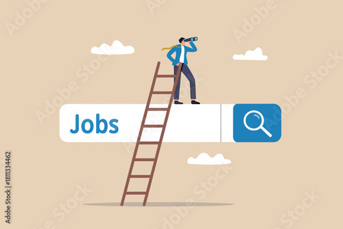 Businessman searching for jobs online with binoculars and ladder