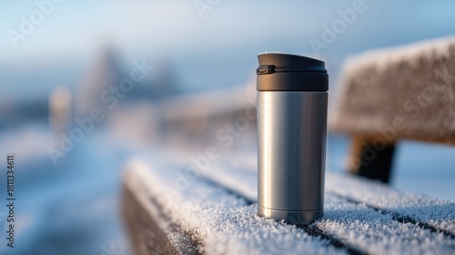 Frost-covered bench holds sleek thermos, capturing winter's sere