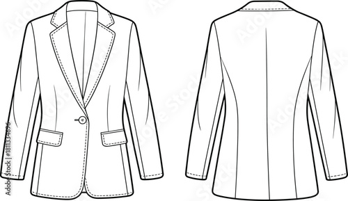 Women one button blazer jacket front and back view, fashion technical sketch, tailored coat flat design illustration