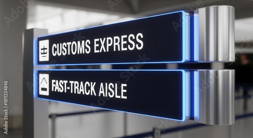 Airport Guidance Signs Pointing Toward Customs Express And Fast-Track Aisle Directions