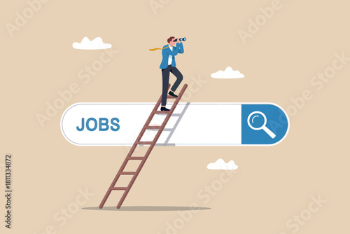 Businessman climbing ladder searching for job opportunities online.