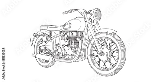 Detailed Line Art Illustration of a Classic Retro Motorcycle