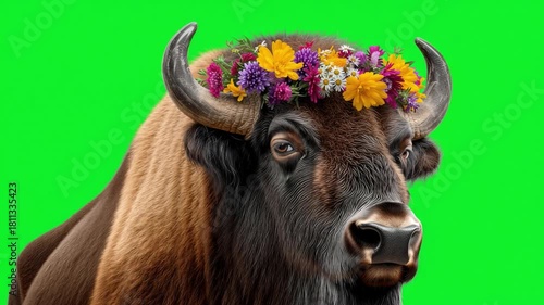 Adorable bovine with floral crown on vibrant green background for playful and whimsical visuals