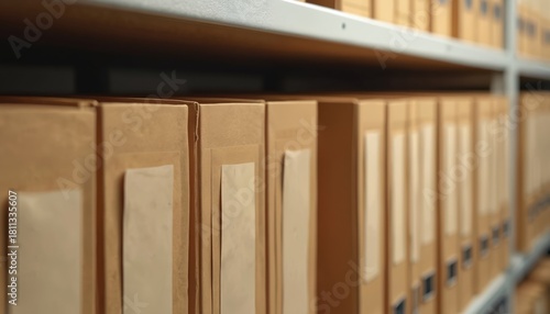 Row of brown archive folders on a metal shelf. Many cardboard boxes hold paper documents inside for storage. Organization system for office records.