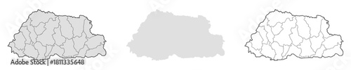 Bhutan map set outline, silhouette, and detailed region borders. Useful for geography, travel, education, country data, and Bhutan location projects.