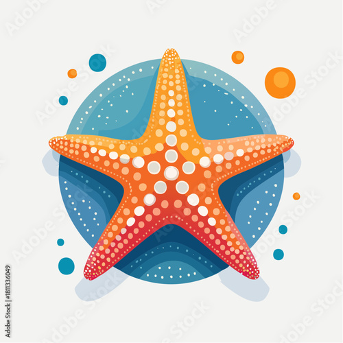 Vibrant orange starfish with white polka dots, surrounded by a blue speckled circle and small bubbles, creating a charming aquatic illustration