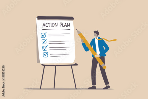 Man completes action plan tasks on whiteboard with a big pencil
