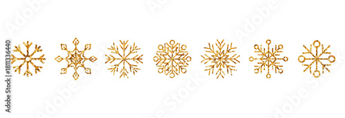 Gold glitter snowflake set. Shiny Christmas decoration element. New year and winter sparkling snow symbols. Luxury festive decor.