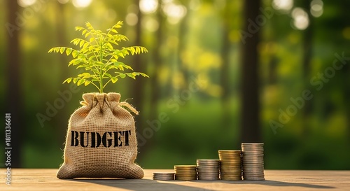 A small plant grows from a burlap sack labeled budget next to a stack of coins, symbolizing financial growth and savings