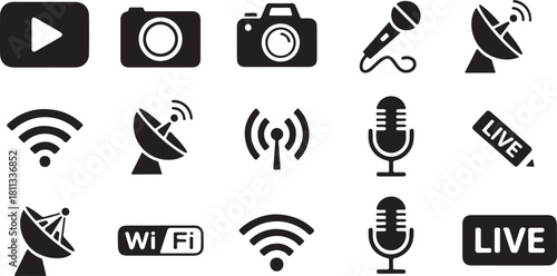 Collection of red media and communication icons on white background