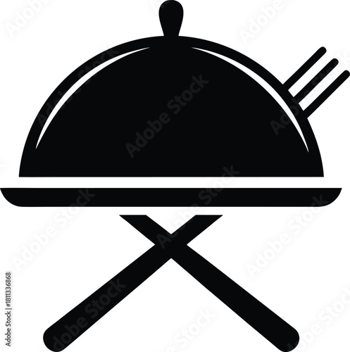 Covered serving dish with crossed cutlery vector icon on white background