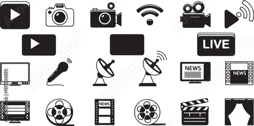 Media and broadcasting icons: camera, tv, play button, live, news