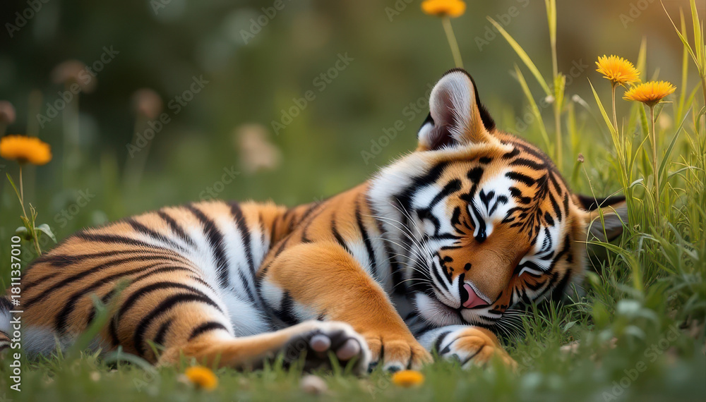 Fototapeta premium A young tiger with vibrant orange and black stripes rests peacefully in a grassy field, surrounded by yellow flowers.