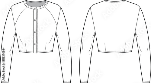 Women’s cropped long sleeve cardigan button front top fashion technical flat sketch front and back view garment outline template, cad drawing flat vector illustration