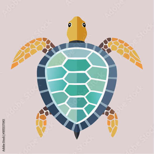 Stylized sea turtle illustration with a geometric mosaic shell pattern, top-down view in a flat design style
