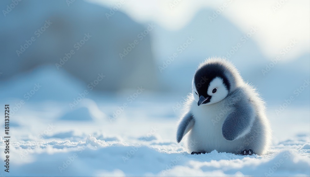 Fototapeta premium A fluffy penguin chick stands on a snowy landscape, showcasing its adorable features amid the serene, white surroundings.