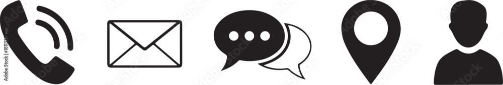 Fototapeta premium Contact icons: phone, email, chat, location, people silhouette.