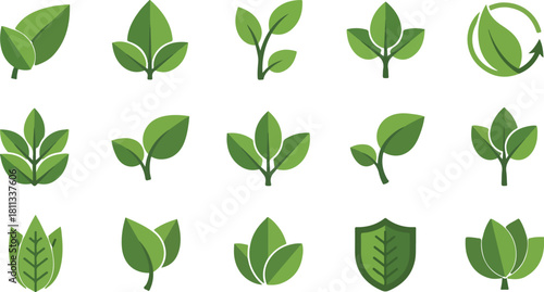 Green leaf icons and symbols collection for nature and eco concepts