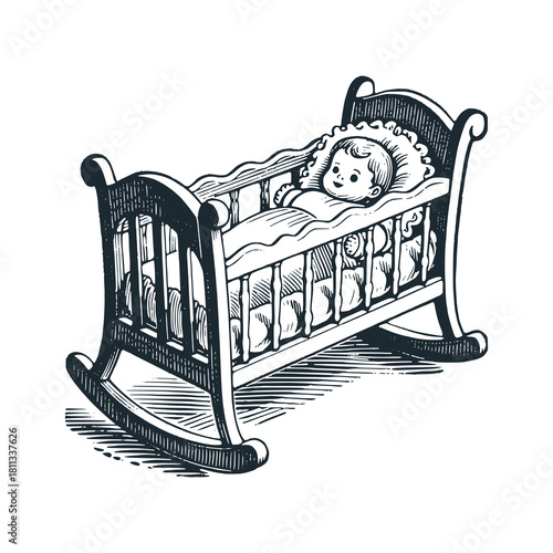 Miniature Doll Cradle toy – Black and White Icon Vector and Illustration