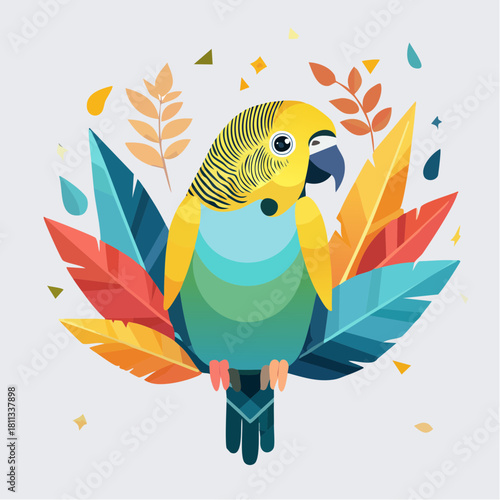 A vibrant flat illustration concept of a colorful budgerigar parrot surrounded by decorative feathers and abstract leaves, showcasing an exotic avian design