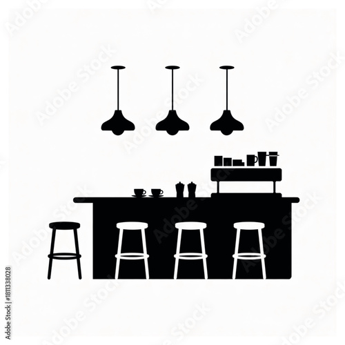 Silhouette of a coffee bar with stools and pendant lights