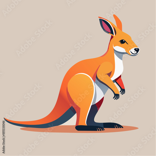 A vibrant and stylized illustration of an Australian kangaroo standing in profile, showcasing its powerful hind legs and long tail on a clean background