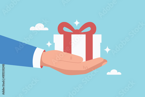Hand offering a white gift box with red ribbon and bow illustration